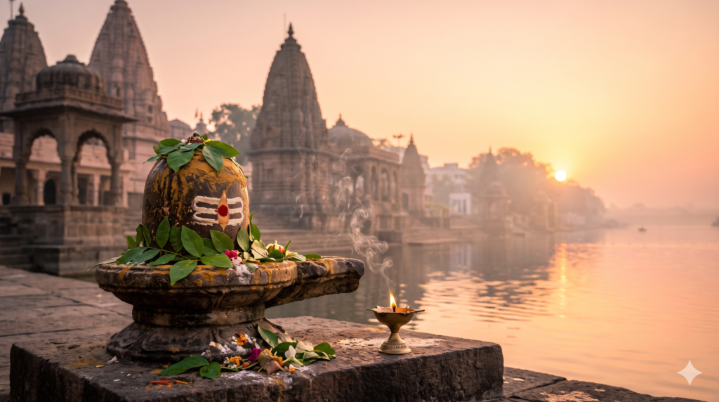 Illustration of a Shivling beside a river and temples for the 84 Mahadev Ujjain guide