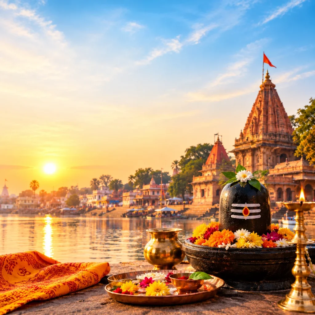 Shivling with puja offerings on the Kshipra ghat at sunset, Ujjain