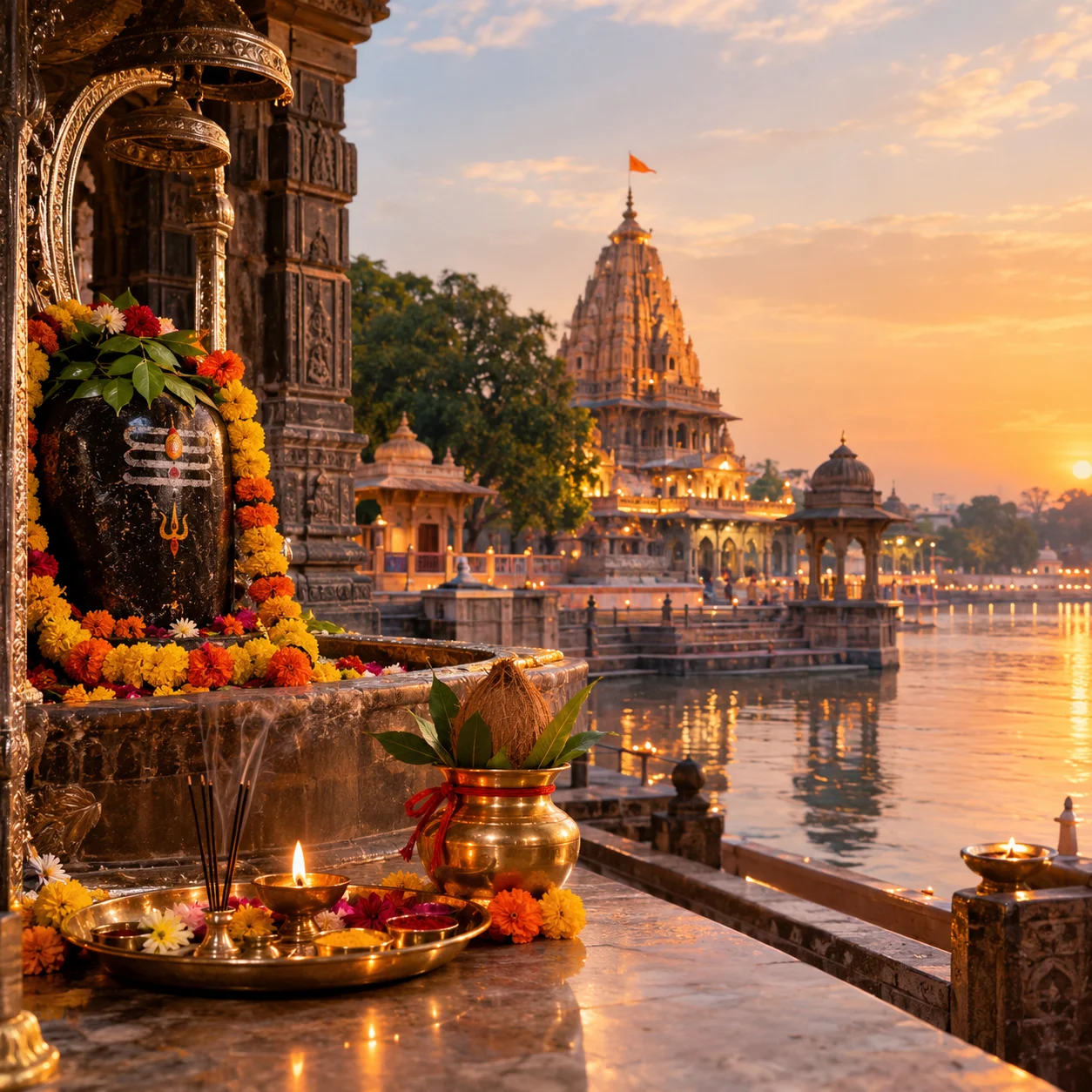 Shivling puja beside the Kshipra river at golden hour, Ujjain