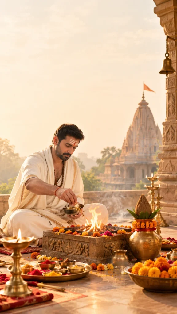 Devotee performing havan near a temple at sunrise