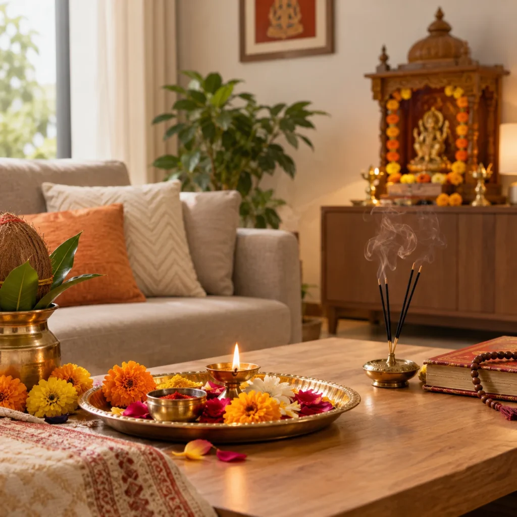 Puja thali with diya and flowers before a home mandir, for devotees joining from home