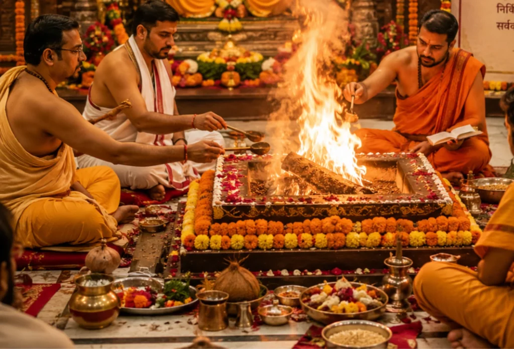 Pandits performing a havan with Vedic rituals