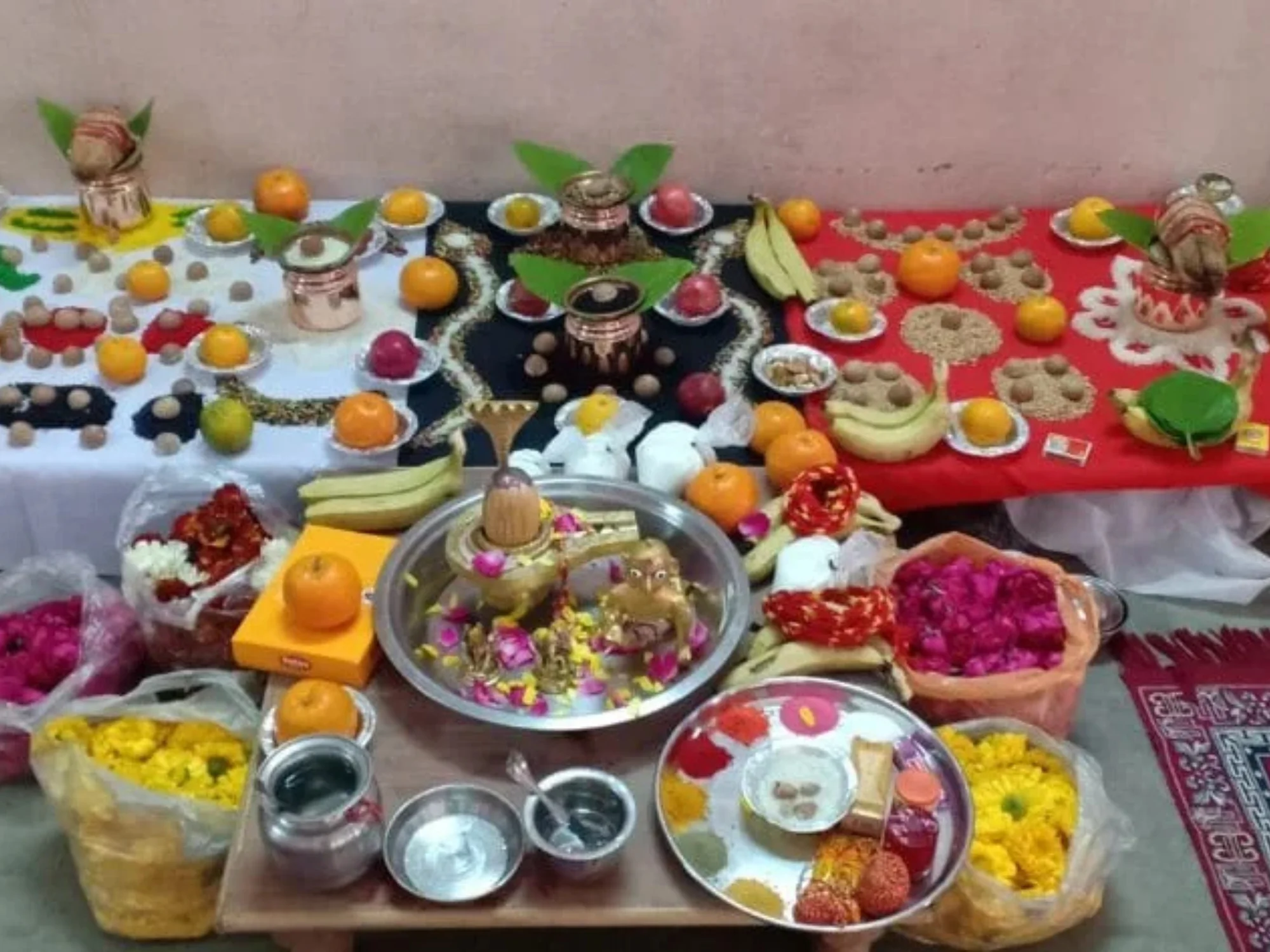 Navgraha Shanti puja samagri and offerings arranged in thalis