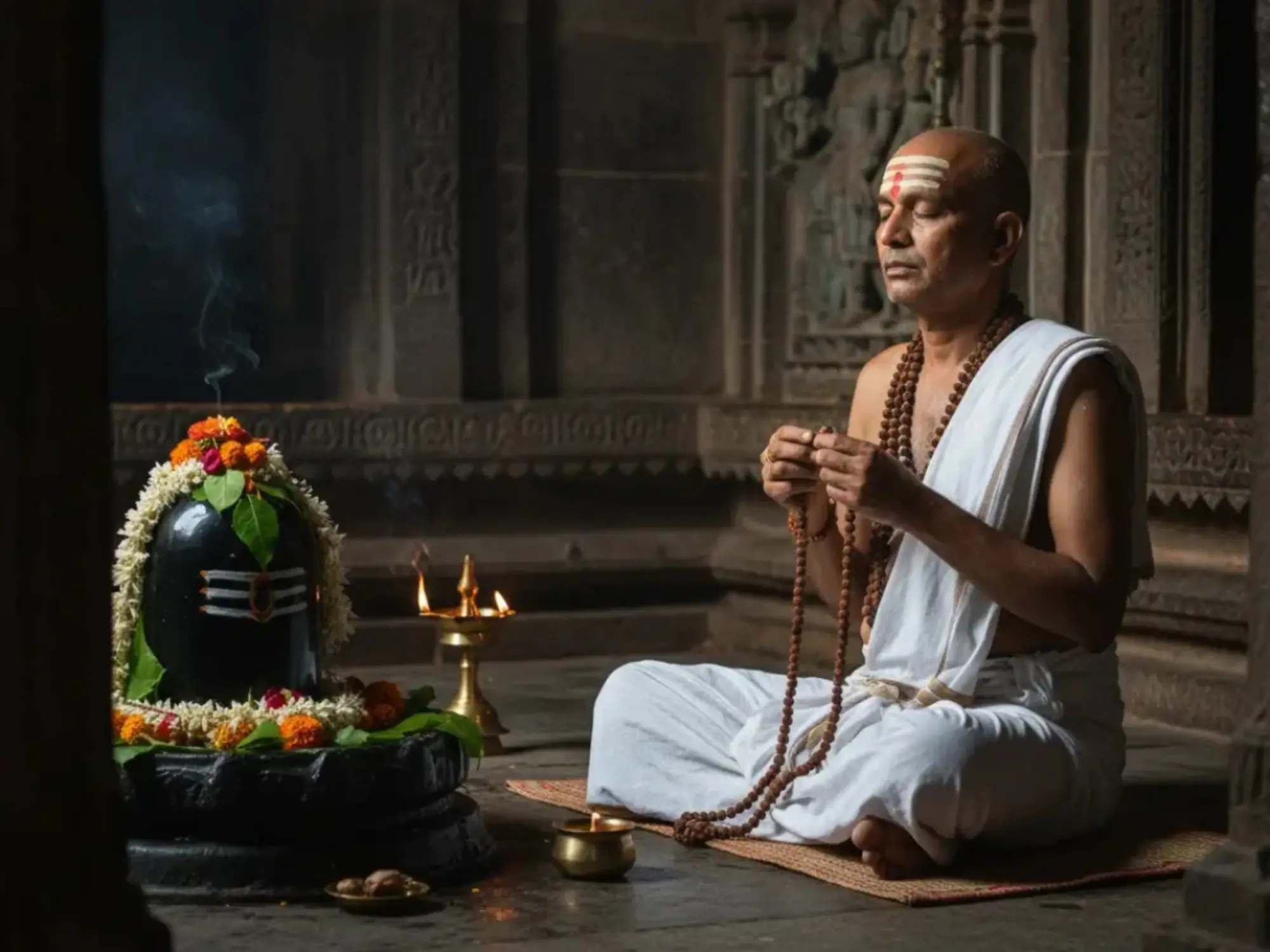 Pandit chanting with a rudraksha mala before a Shivling for Mahamrityunjaya Jaap