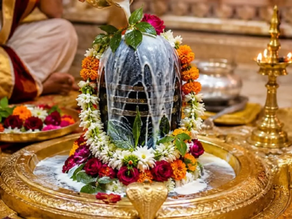 Shivling adorned with flower garlands during Rudrabhishek
