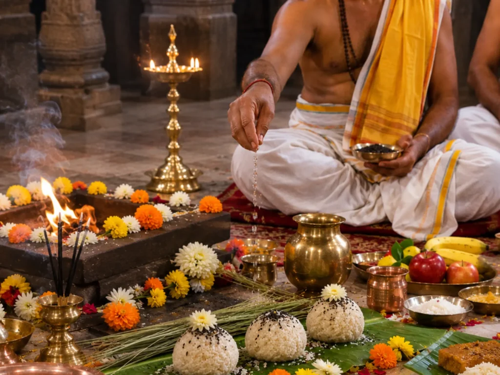 Pandit performing havan with puja samagri for Pitra Dosh puja