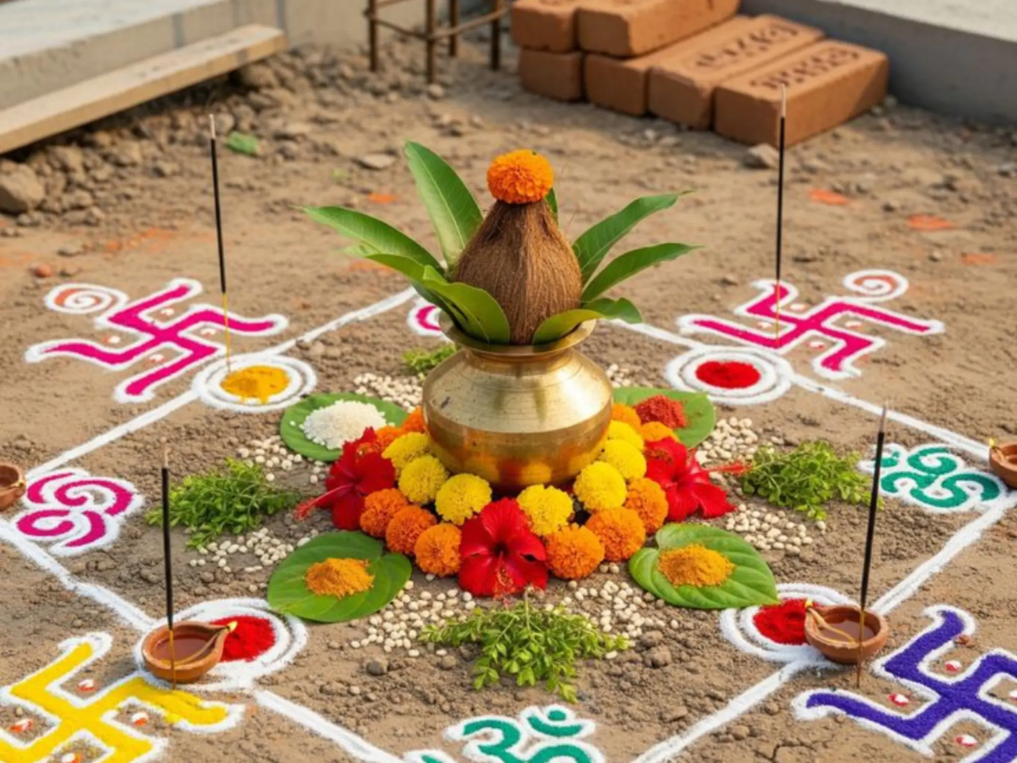 Kalash with coconut and mango leaves on rangoli for Navgraha Shanti puja